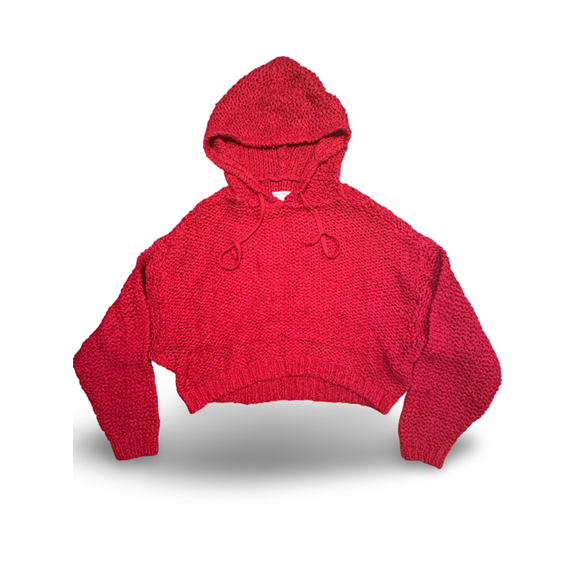 Pilcro Red‎ Chunky Knit Cropped Hoodie Sweater Size Small Cozy Oversized Fit - Picture 6 of 6